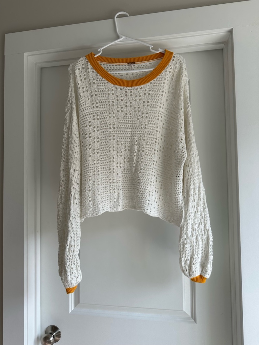 Free People Cream Open-Knit Sweater with Mustard Trim